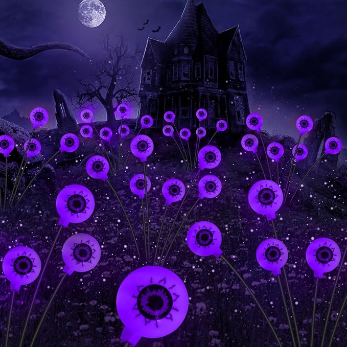 Halloween Solar Lights Outdoor Waterproof Solar Scary Eyeball Lights, 2 Pack Green Eyeball Swaying Firefly Lights, Solar Halloween Path Lights for Yard Garden Lawn Party Decor, Purple