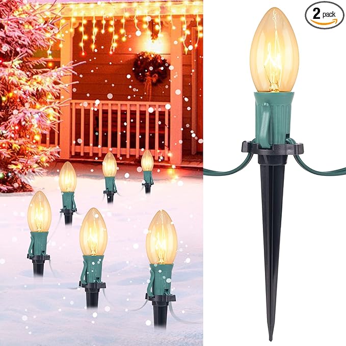 C9 Christmas Pathway String Lights Outdoor - 2 Pack Total 51.4 FT 40 Clear Lights with 40 Stakes, Connectable Waterproof Walkway Lights for Indoor Xmas Party Holiday Commercial Decoration, Warm White
