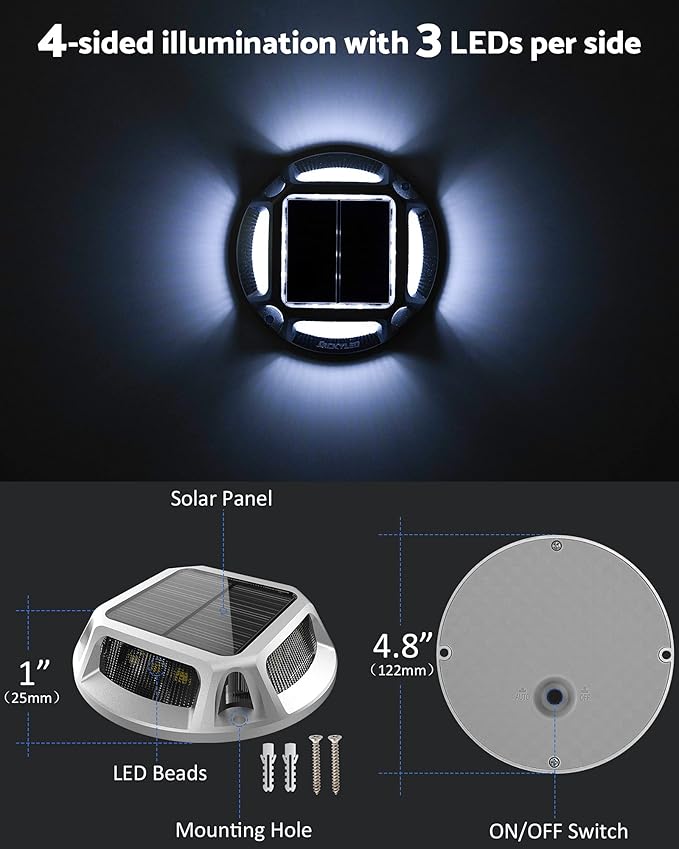 JACKYLED Solar Dock Lights Marine Driveway Lights, IP68 Waterproof 12 LED Solar Powered Warning Step Lights, Aluminum Road Marker for Boat Deck Garage Parking Lot Sideway (8 Pack)