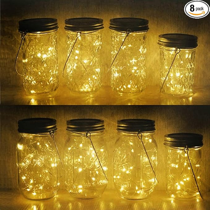 Decorman Solar Mason Jar Lights, 8 Pack Waterproof Fairy Star Firefly Lids String Lights with 8 Hangers for Patio | Lumora
