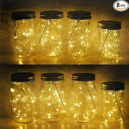 Decorman Solar Mason Jar Lights, 8 Pack Waterproof Fairy Star Firefly Lids String Lights with 8 Hangers for Patio Yard Garden Party Wedding Christmas Decoration(Jars Not Included)