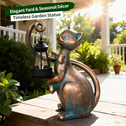 WHIMSYNOOK 10.7" Bronze Cat Garden Statue with Solar Light – Outdoor Yard & Lawn Décor, Charming Cat Figurine Gift for Mom & Cat Lovers