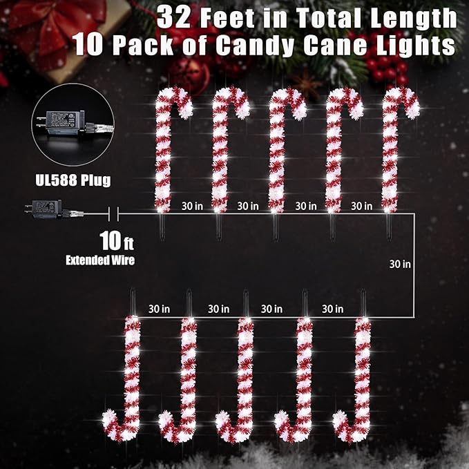10 Pack Christmas Candy Cane Lights, 15 inch Tinsel Christmas Candy Cane Pathway Lights with 8 Modes & Timer for | Lumora