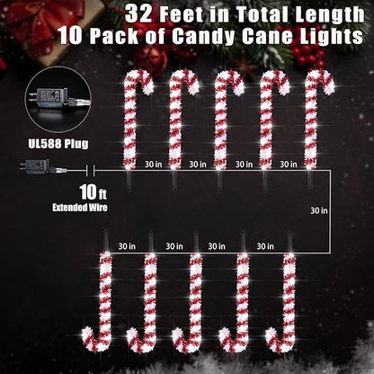 10 Pack Christmas Candy Cane Lights, 15 inch Tinsel Christmas Candy Cane Pathway Lights with 8 Modes & Timer for Xmas Walkway Yard Lawn Outdoor Decorations(Red, White)