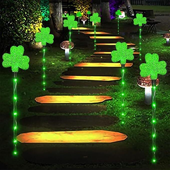 Solar Shamrocks Garden Stake Lights for St. Patrick's Day Decorations Outdoor, 8 Modes Green Lucky Clover Pathway Lights Waterproof St. Patrick's Lights for Yard Lawn Walkway Decor (6 Pack)