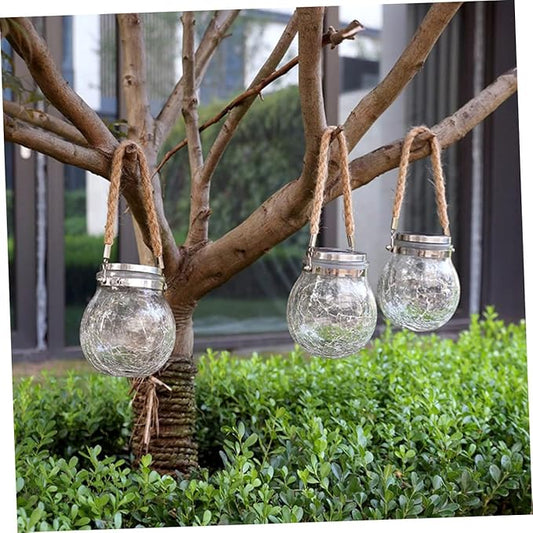 YARNOW Solar Powered Hanging Light Decorative Crackle Glass Jar Lamp for Outdoor Garden Lawn and Patio with Blue Led Light