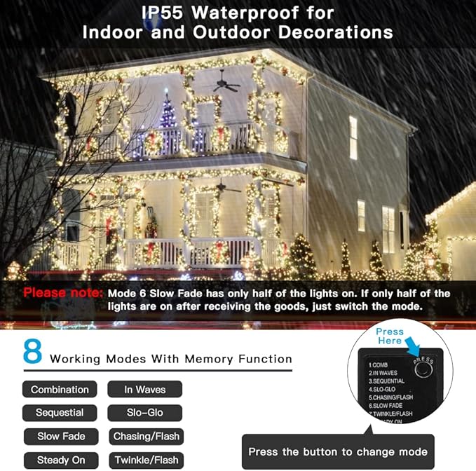 AmyHomie Warm White Christmas Lights, 108Ft 300LED Plug-in Christmas String Lights,8 Modes Waterproof Fairy String | Lumora
