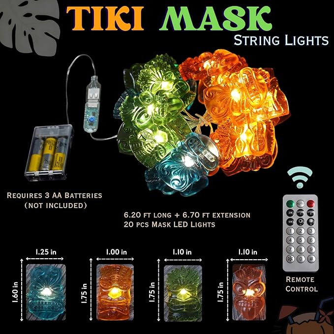 JASHIKA Tiki Mask String Lights USB Powered 20PCS 7FT, Tropical Hawaiian LED Fairy - Decorative Outdoor Light | Lumora