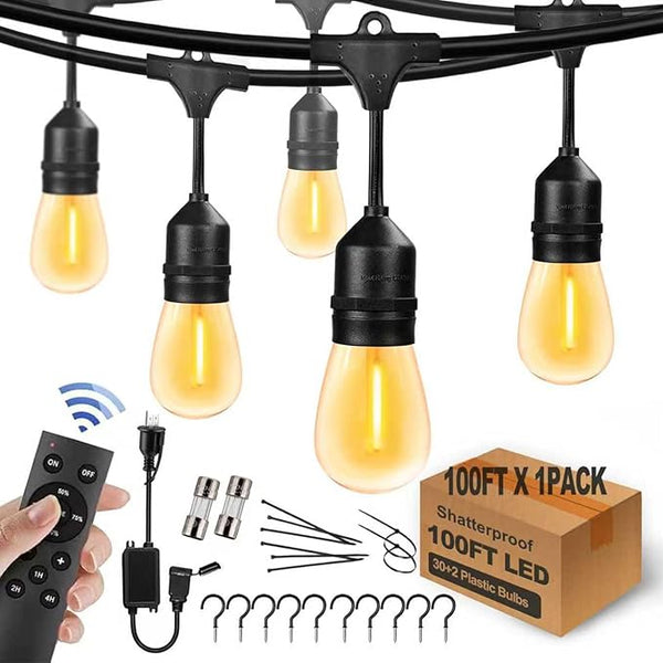 100FT Outdoor String Lights with Remote Control Patio Lights Waterproof Commercial Grade, 30+2 Replaceable Dimmable | Lumora