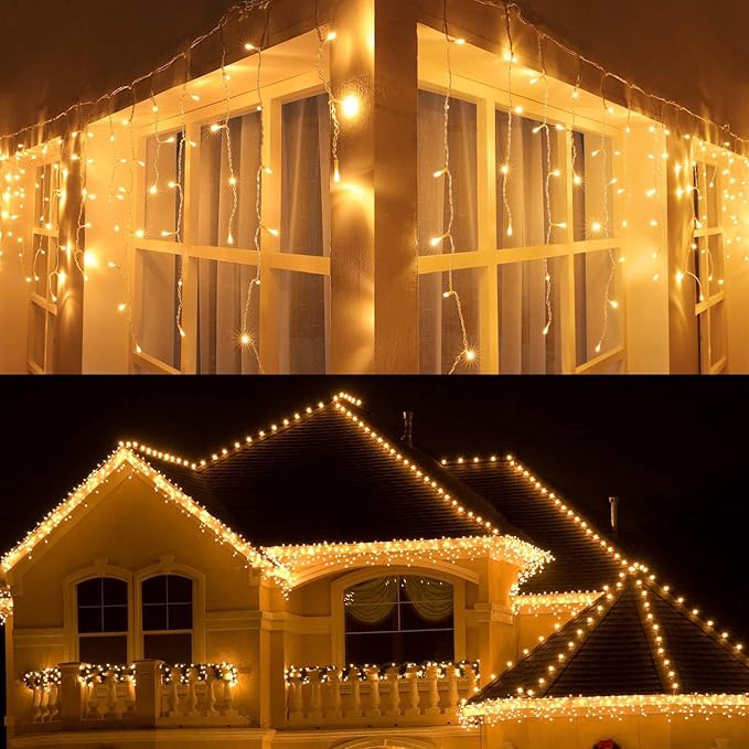 Joomer Christmas Icicle Lights - 33FT Plug in String Lights Waterproof, 8 Modes Timer Connectable Outdoor String Light for Christmas Party, Eaves, Roofs, Xmas Decorations (Warm White)