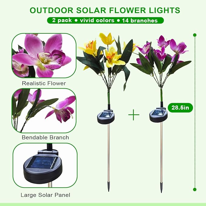 Solar Flower Lights, 2 Pack Solar Flowers with 14 Blooming Purple & Yellow Orchids, Waterproof Outdoor Decorative Lights for Garden, Yard, Patio, Pathway, Lawn, Flowerbed, Grave, Cemetery Decor