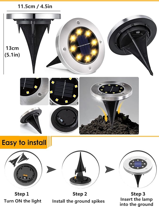 Solar Ground Lights for Outdoor Garden – 8 LED Waterproof Disk Lights, Warm White In-Ground Landscape Lighting for | Lumora