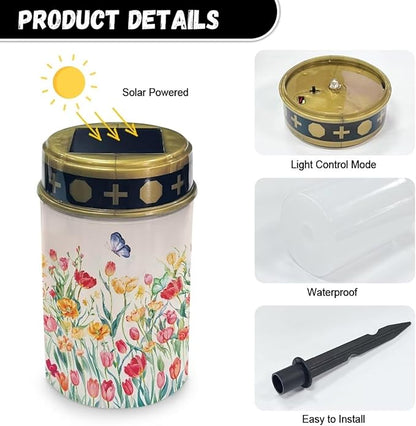Poceacles Solar Lights Outdoor Grave Solar Lights for Cemetery Decoration Solar Outdoor Lights Cemetery Solar Lamp for Garden Lawn Backyard Pathway Decor, Butterfly Colorful Tulip Flower