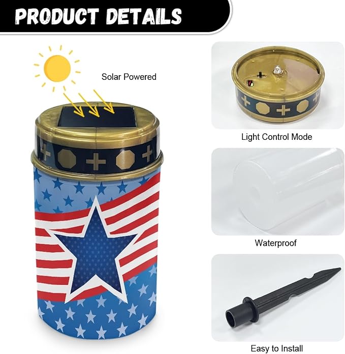 US Flag Star Solar Pathway Lights Waterproof Garden Lights Outdoor Solar Stake Lights,Yarde Patio Solar Lights Outdoor Landscape Lighting Flameless Lights Spotlights,Warm White