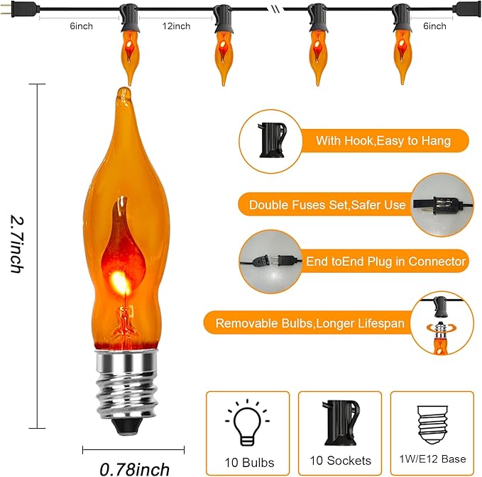 C18 Flickering Flame String Lights, 10Ft Halloween Decorations String Lights with 10 Flickering Flame Bulbs for Outdoor Garden Yard Home Halloween Party, Clear Orange- Black Wire
