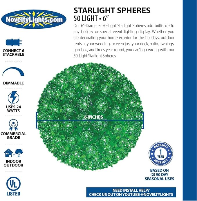 Novelty Lights 6in 50 Light Starlight Sphere, Green, Ornament Ball Light, 5ft - Outdoor Security Flood Light | Lumora
