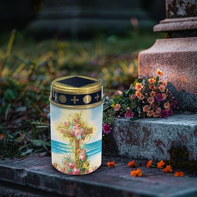 Cemetery Decorations for Grave Beach Solar Cross for Cemetery Grave Waterproof Dusk to Dawn Sensor Solar Grave Lamp for Cemetery 2 Pack