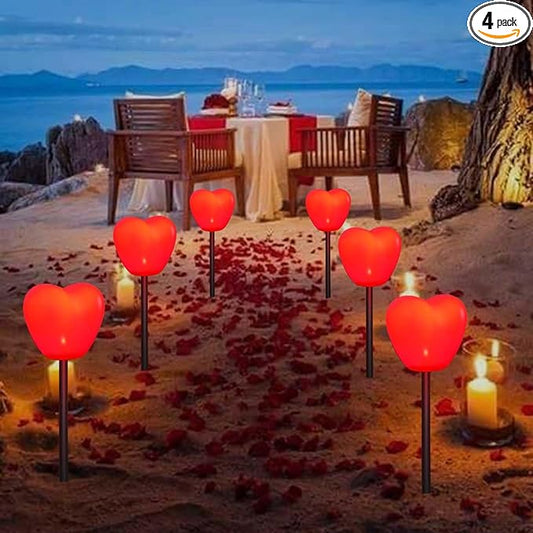 4 Pack Solar Red Heart Stake Lights for Valentines Day Decor, Outdoor Waterproof Heart Shaped Light for Garden Pathway Flowerbed Cemetery Grave Porch Walkway (Red)