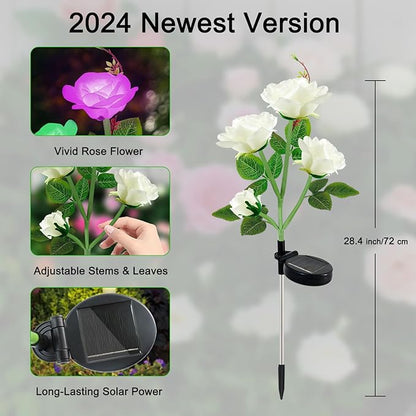 Solar Lights Outdoor for Garden Decor Waterproof - 2 Pack with 8 Rose Lights Decorative 7 Color Changing for Valentines Day Yard Patio Pathway Decoration