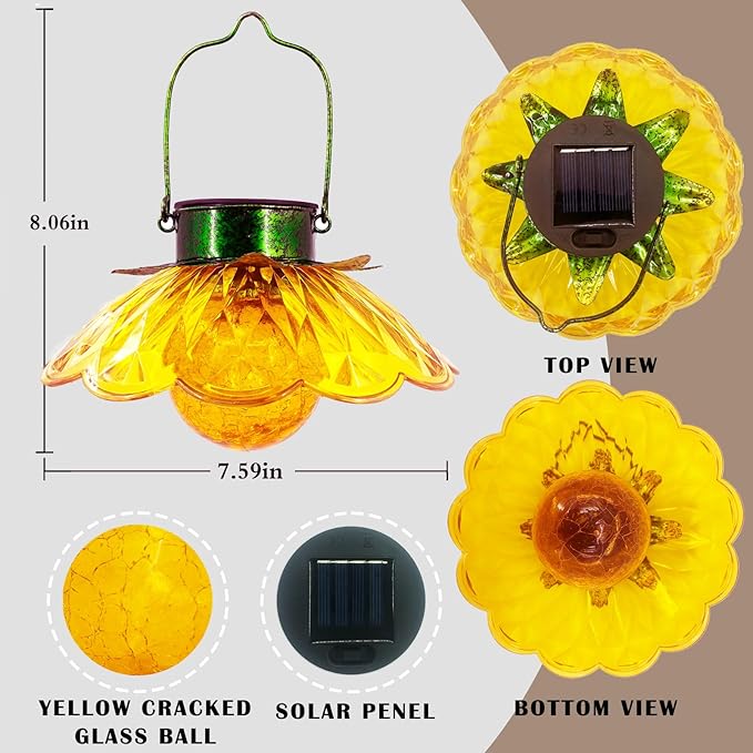 XUWEN Hanging Solar Lantern Outdoor - Yellow Solar Flower Lights with Crackle Globe Glass, Hanging Lanterns Decorative Outdoor for Walkway Pathway Patio Yard, Christmas Housewarming Gifts for Women.