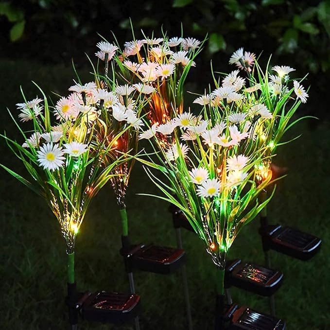 Solar Flower Lights Outdoor, Waterproof LED Daisy Flowers Solar Stake Decorative In-Ground Lights 2Mode for Garden Landscape Yard Pathway Wedding Party (White, 2Pack)