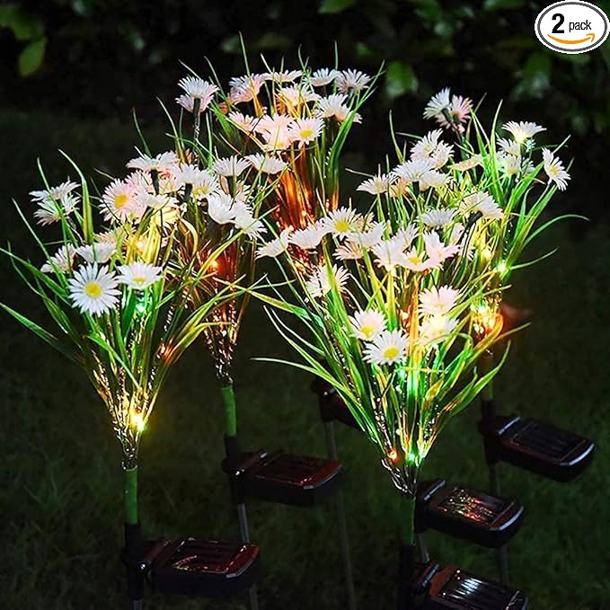 Solar Daisy Flower Decorative Garden Stake Lights, 28 LED, White & Multicolor, Floral Theme, Outdoor Decorations