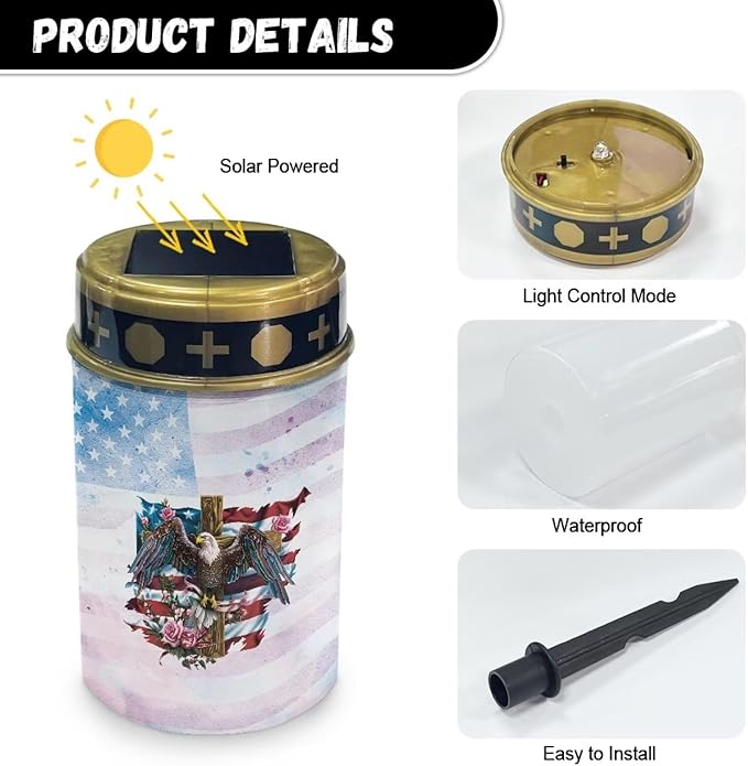 Cemetery Solar Light - Red, White, and Blue - Black - Plastic - Rustic - Energy Efficient - LED - Waterproof - 1 Pack