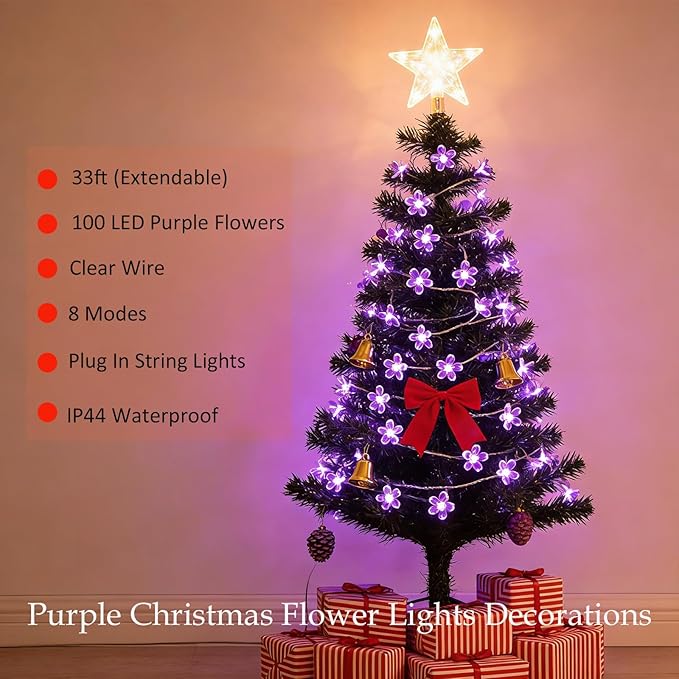 Decorative Connectable 33ft Purple Flower String Lights with 100 LEDs, Memory Function & 8 Modes. Perfect for Bedroom, Christmas, Weddings, Valentine's & Garden Indoor Outdoor Hanging Decorations