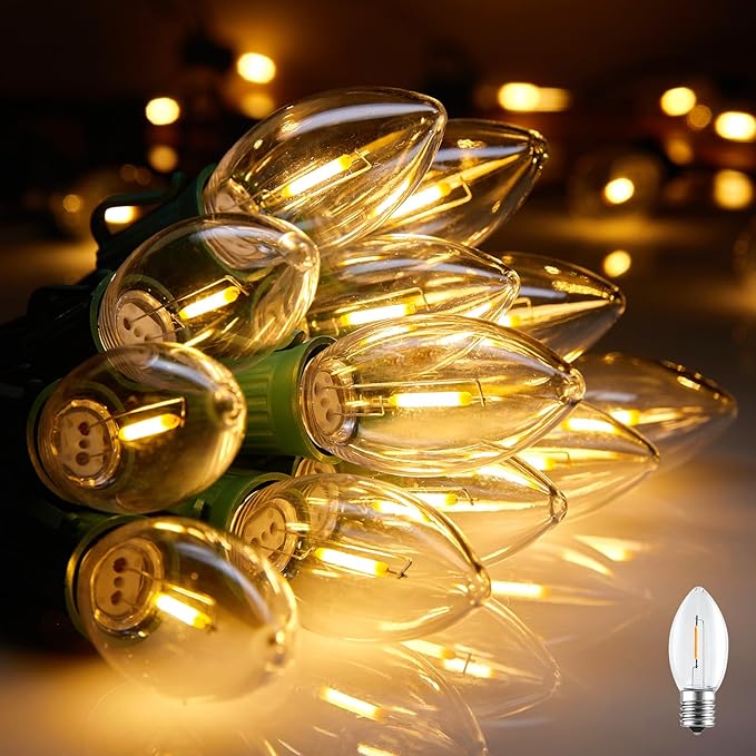 Vintage C9 LED Christmas Lights, 25Ft C9 String Lights with 25 LED C9 Plastic Bulbs, Waterproof Connectable Outdoor Lights for Christmas Tree Roofline Garden Patio Backyard Cafe Decor, Warm White