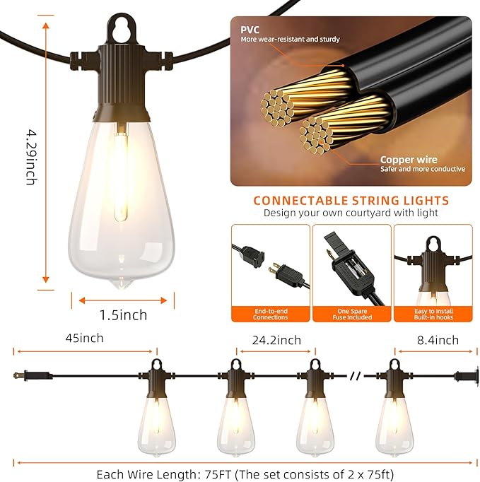 Kawaya Outdoor Lights String LED Patio Lights: 150FT Waterproof Commercial Grade Vintage String Lights for Outside | Lumora
