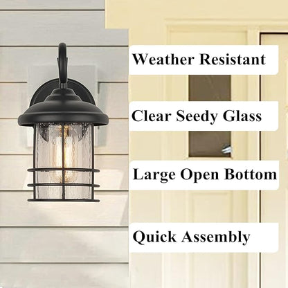 MICSIU 9.8-Inch Black Outdoor Wall Sconce, Exterior Light Fixture with Seedy Glass Cylinder, 5.5" Wide Weather Resistant Outside Wall Mount Lantern for House, Porch, Garage, E26 Base