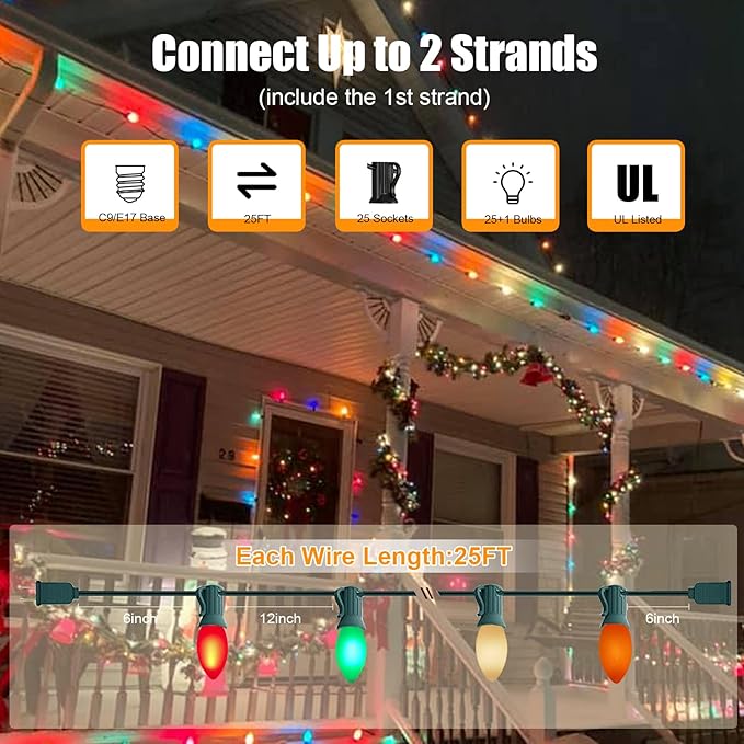 C9 Multicolor Christmas Lights Outdoor, 25Ft Vintage Christmas String Lights with 26 Colorful Ceramic Bulbs | Lumora