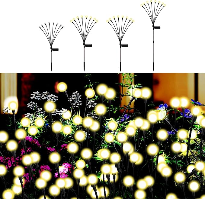 Swaying Solar Firefly Lights Outdoor, 8 Modes 800mAh Firefly Swaying Solar Garden Lights Waterproof for Outside Plant Yard Patio Pathway Christmas Garden Decor Flashing Warm White(4 Pack)