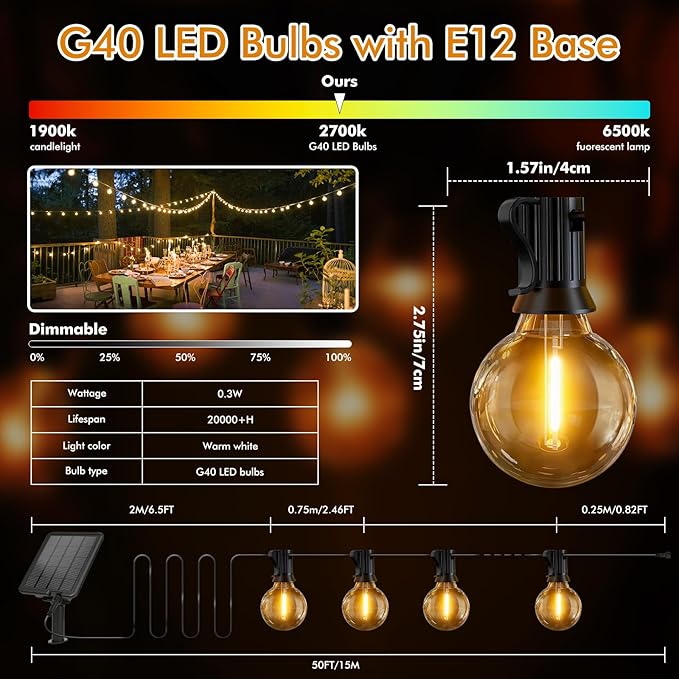 Solar String Lights Outdoor 50ft - 18+1 Shatterproof & Waterproof G40 LED Bulbs, Remote Control w/ 4 Dimming,3 Light Modes & Timer, Waterproof IP65 for Patio, Garden, Camping, Party, Christmas Décor