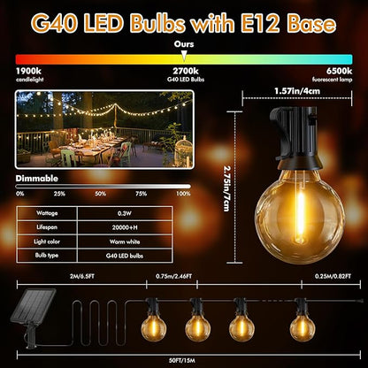 Solar String Lights Outdoor 50ft - 18+1 Shatterproof & Waterproof G40 LED Bulbs, Remote Control w/ 4 Dimming,3 Light Modes & Timer, Waterproof IP65 for Patio, Garden, Camping, Party, Christmas Décor
