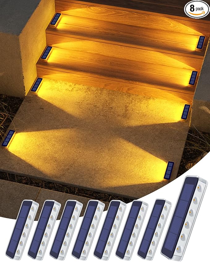 Solar Step Lights for Outside,8 Pack Solar Stair Lights Outdoor Waterproof,Warm White Deck Light Solar Powered Waterproof for Steps,Stairs,Walkway,Sidewalk,Patio,Pathway