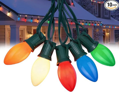 25Ft Outdoor Multicolor Ceramic Christmas String Lights,C9 Vintage Opaque Christmas String Lights for Patio Garden Xmas Tree Decoration,C9/ E17 Candelabra Base, Green Wire