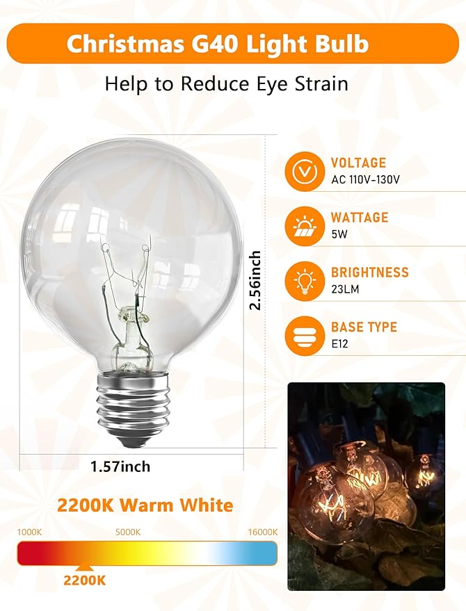 25Ft G40 Outdoor String Lights with 25 Clear Vintage Light Bulbs and 25 Pack G40 Replacement Light Bulbs, C7/E12 Screw Base, 5W Black Wire