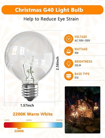 25Ft G40 Outdoor String Lights with 25 Clear Vintage Light Bulbs and 25 Pack G40 Replacement Light Bulbs, C7/E12 Screw Base, 5W Black Wire