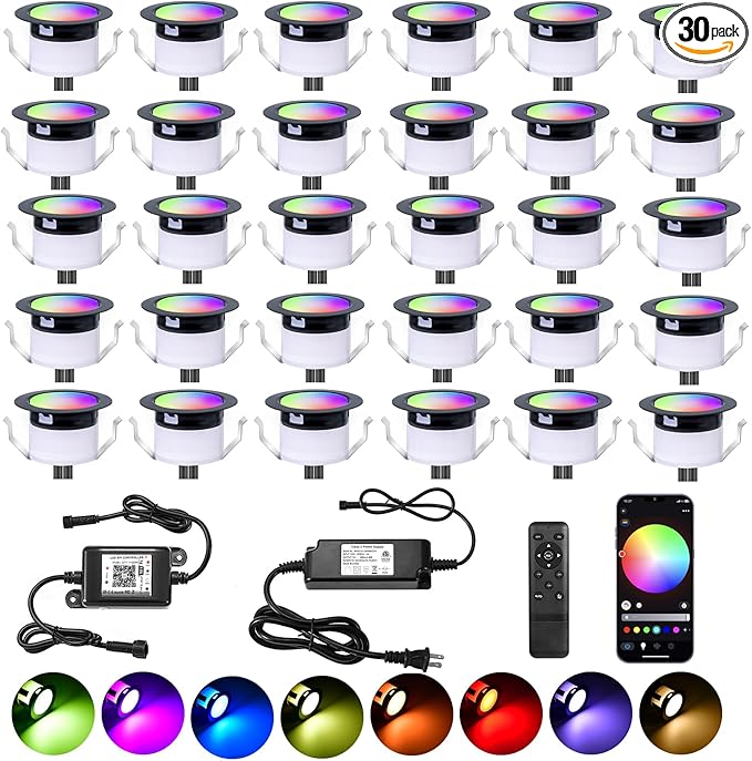 Deck Light RGBW 30 Pack, Φ1.22 Inches RGB/Warm White Light WiFi Control, LED Step Lights Kit Low Voltage DC12V, IP67 Waterproof Deck Lights for Stairs with Remote Control