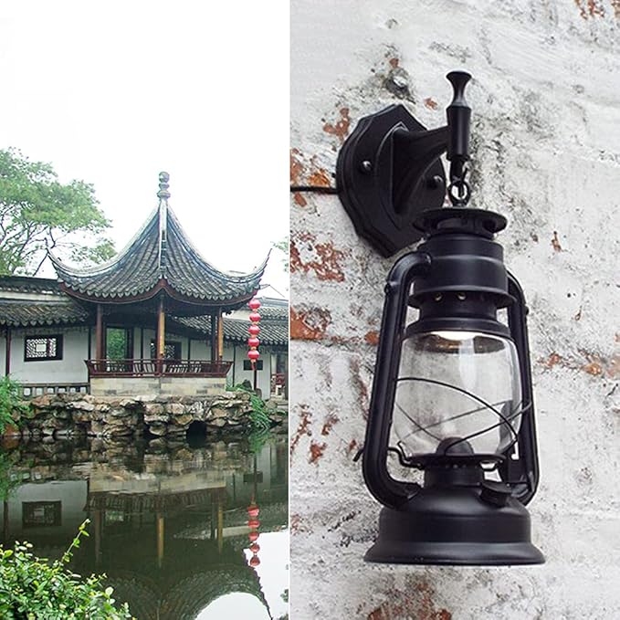 FIKNEE Rustic Wall Lantern Light - Retro Antique Vintage Lamp - Porch & Outdoor Wall Sconce - Black