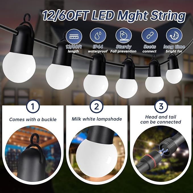 LED Terrace Light Cold White Shatterproof G45 Sphere 12 Edison Bulb Waterproof for Christmas, Porch, Deck, Garden, Backyard, Porch, Halloween