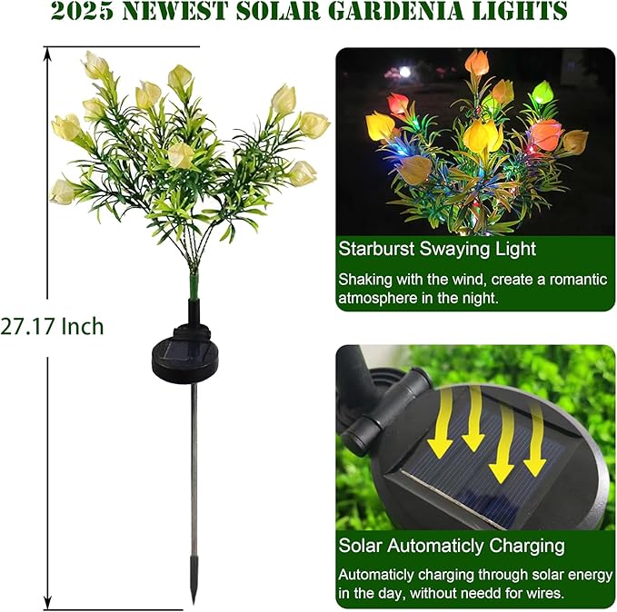 Solar Garden Lights Outdoor, Colorful Waterproof Decorative Solar Lights Outdoor 2 Pack with 2 Modes, 35 LED Gardenias Flower Garden Decor Yard Patio Lawn, Gifts for Mother's Day Mom