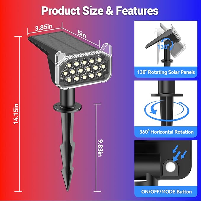 WdtPro 2 Pack Solar Color Changing Spot Lights, 10 Lighting Modes Solar Lights Outdoor Waterproof, Multicolor RGB Outdoor Lights, 9 Colors Auto Cycling Landscape Spolights for Yard Garden Decoration