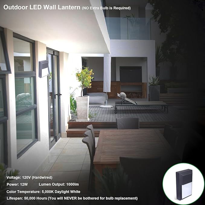 LIT-PaTH Outdoor LED Wall Lantern, Wall Sconce as Porch Lighting Fixture, 12W 1000 Lumens, Aluminum Housing Plus PC, 5000K Black Finish, 2-Pack