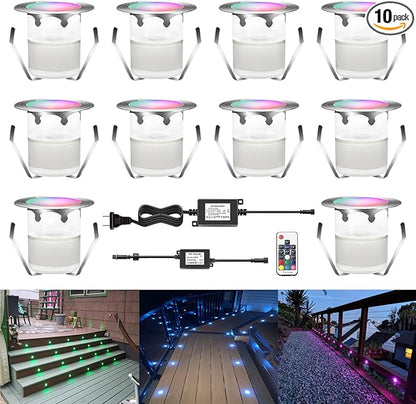 LED Outdoor Deck Lights Kits, RGB Φ1.18in Low Voltage 12V DC IP67 Waterproof, Remote Dimmable Multi Color Change, Electric Wired Recessed Stair Step Riser Landscape Lighting, 10 Pack Silver