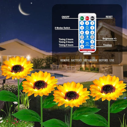 Solar Garden Lights Outdoor& Indoor-4 Pack Sunflower Lights with Remote, 8 Modes Home Garden Decor,Sunflowers Gifts for Mom Women Grandma Birthday, Patio Yard Pathway Wedding
