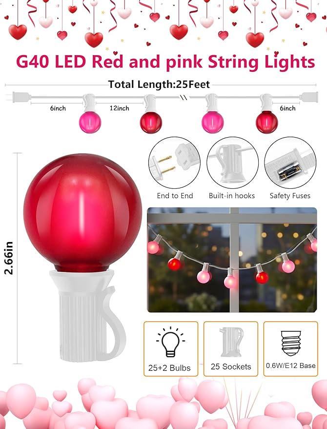 G40 LED Valentine’s Day String Lights, 25Ft Valentines Decorations Lights Outdoor with Frosted Red Pink Round Bulbs, Hanging Patio Lights Shatterproof for Indoor Home Decor Wedding Party, White Wire