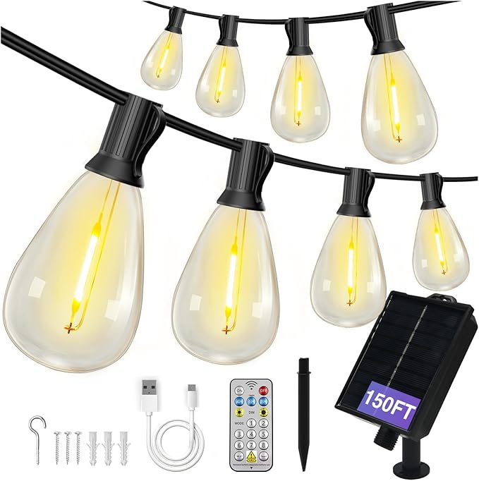 DAYBETTER 150FT Solar String Lights Outdoor Waterproof with Remote & USB Port Dimmable & Timmer,Solar Patio Lights 47+1 LED Shatterproof Bulbs 8 Light Modes,String Lights for Outside Camping Backyard