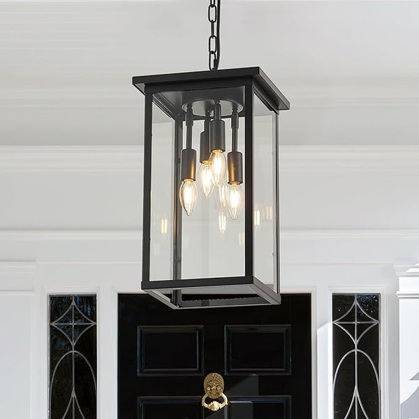10" Modern 4-Light Exterior Black Square Lantern Pendant Light Fixture with Clear Glass Industrial Hanging Cage | Lumora